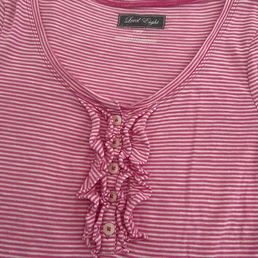 Long sleeve cotton stripe ruffle Henley scoop neck T-shirt Barbie Barbiecore - Picture 5 of 15